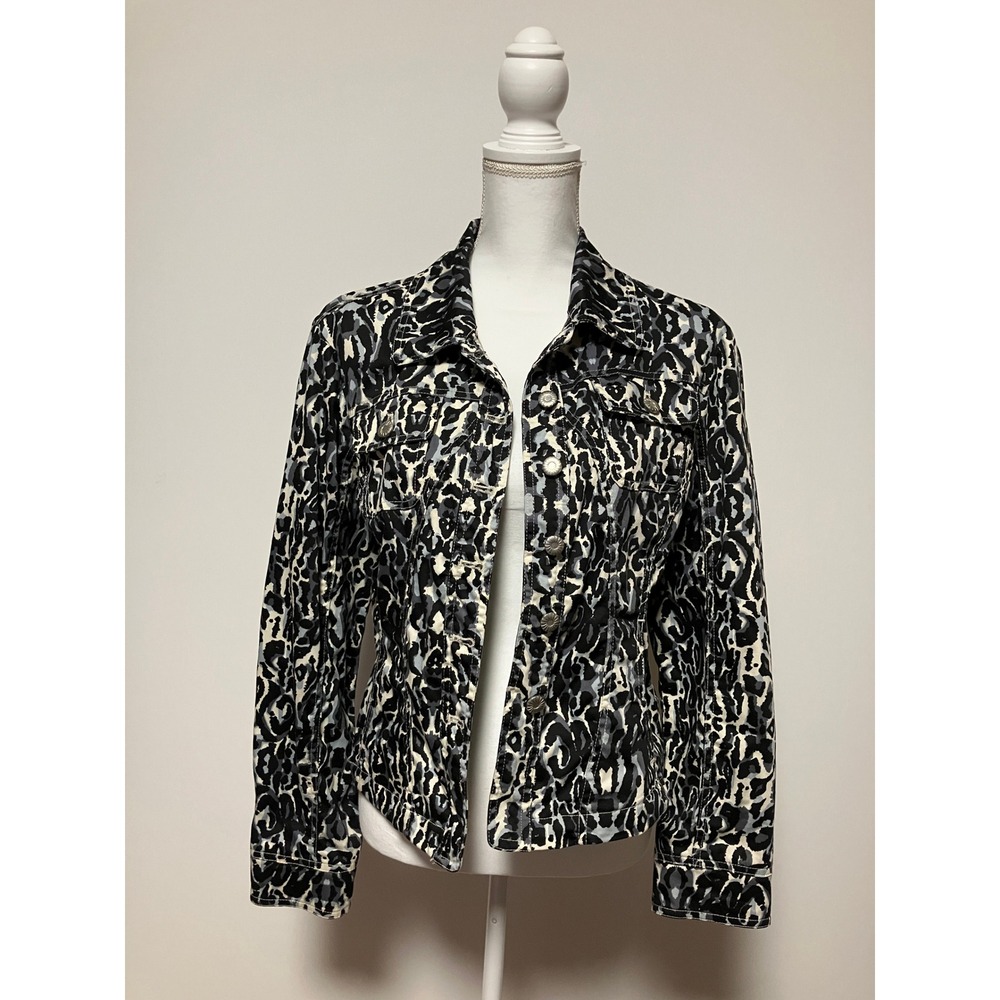 Live a Little Women Leopard Print Denim Jacket L Black Grey Animal Print Stretch